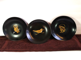 Couroc Bowls Mushroom Owl Bird Made Monterey 7.5” Black Lacquer Bowls Set 3 - $34.65