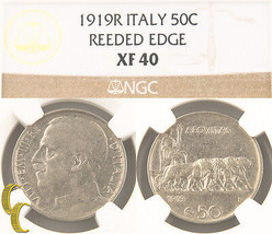 1919-R Italy 50 Centesimi Reeded Edge (NGC XF40) Italian 50c Cent KM#61.... - $890.99
