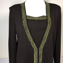 Misook Large Cardigan with Attached Tank Knit Sweater Brown with Green Trim - $39.99