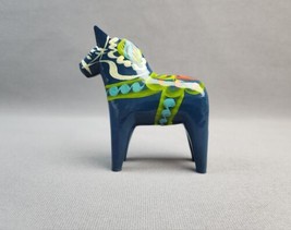 Wooden Dala Horse Nils Olsson Blue 4” Hand Painted Vintage Swedish Folk Art - $22.77