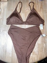 Large 2 Piece Aerie Ribbed Shine Crossover High Cut Cheeky Bikini Top &amp; ... - £23.59 GBP