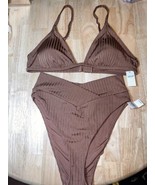 Large 2 Piece Aerie Ribbed Shine Crossover High Cut Cheeky Bikini Top &amp; ... - £23.62 GBP