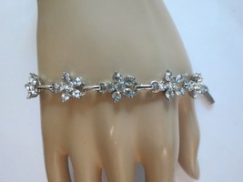 Rhinestone Link Flower Bracelet  Pave Set Sparkly Stones 7&quot; Long Silver ... - £7.91 GBP