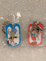 2 TINY 1" Metal Disney Dog Tags JIMINY &amp; PINOCCHIO w/ 1 3/4" Tiny Chain ... - $7.99