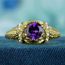 Natural Amethyst and Pearl Vintage Style Carved Solitaire Ring in Solid 9K Gold - £441.77 GBP