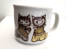 Vintage Stoneware Coffee Cup Mug Kittens In Socks Cats Brown Speckled - £10.10 GBP