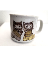 Vintage Stoneware Coffee Cup Mug Kittens In Socks Cats Brown Speckled - £10.10 GBP