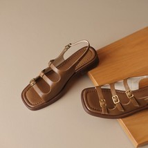 Women Genuine Leather Sandals Flat Heel Multi-buckle Summer Casual Shoes Ladies  - £79.89 GBP