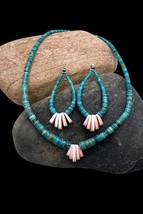 Santo Domingo Sterling Turquoise Conch Shell Heishi Bead Earrings Necklace Set - £221.16 GBP