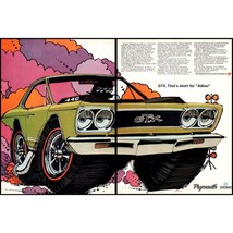 1968 Plymouth Road Runner GTX Psychedelic Drawing 2 Page Vintage Print Ad Art - $10.97