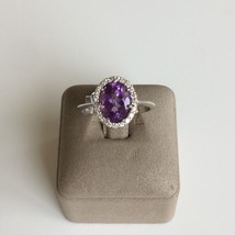 Women&#39;s Halo Ring Solid 14k White Gold Natural Oval Amethyst Cubic Zirconia - £364.74 GBP