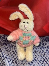 Vintage 1988 Chrisha Playful Plush Yellow 9&quot; Bunny Pink Sweater - £7.46 GBP