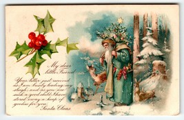 Santa Claus Old World Postcard Green Blue Robe Coat Reindeer Xmas Tree 1908 - £57.56 GBP