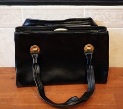 Funky Vintage 60s Purse Black Faux Leather Gold Hardware Top Handle Unbr... - $24.74