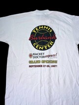 Vintage 1997 Burbank Tennis Center Racket Doctor Tee White USA Fruit of the Loom image 4