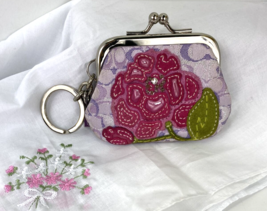 Coach Mini Coin Purse Key Chain Floral Appliqué Sequin  Pink Purple W40 - £71.05 GBP