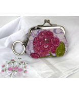 Coach Mini Coin Purse Key Chain Floral Appliqué Sequin  Pink Purple W40 - £71.38 GBP