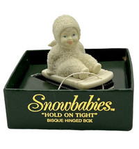 Department 56 Snowbabies Hinged Trinket Box Hold On Tight Sled Bisque Porcelain - £14.98 GBP