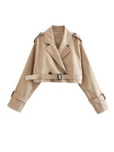Khaki Cropped Trench Women Long Sleeves Cropped Design Jacket Chic Lady High Str - £39.41 GBP