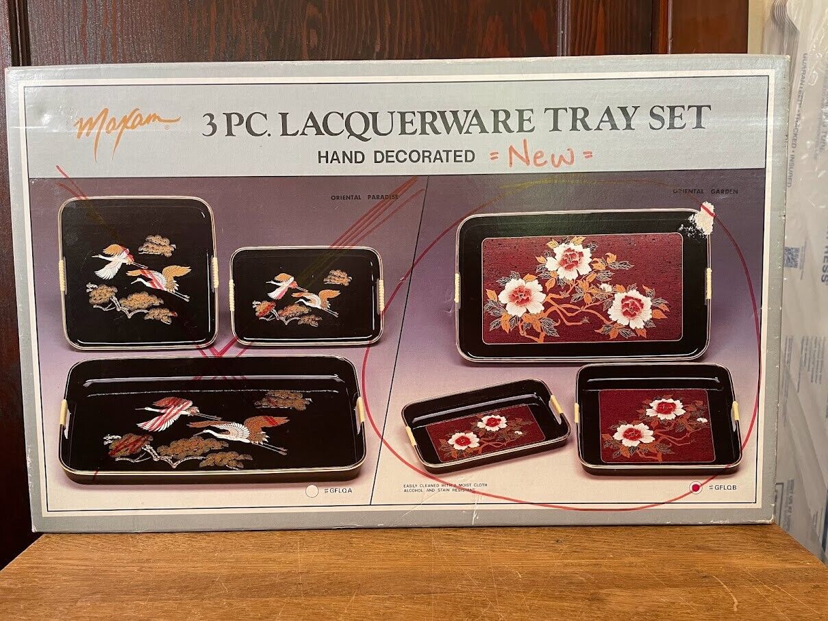 Primary image for Vintage Lacquerware 3 piece set Floral Red Gold Lacquerware New Old Stock