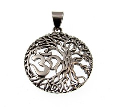 Solid 925 Sterling Silver OM Aum Ohm Tree of Life Yggdrasil Pendant Yoga Amulet - £19.50 GBP