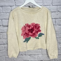 Vintage Russ Cropped Womens Sweater Ivory Floral Size L Long Sleeve Knit - $29.65