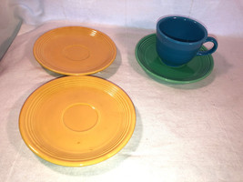 1 Fiesta Peacock Cup &amp; 3 Saucers Two Yellow One Green Mint - $14.99