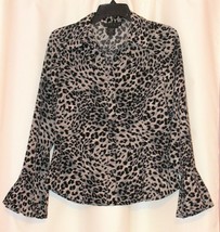 Animal Leopard Button Down Long Bell Sleeve Fitted Shirt Top Blouse Ninety M - £6.27 GBP