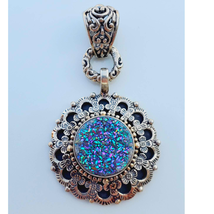 Sarda Sterling Silver 925 Drusy Purple Blue Quartz Filigree Round Pendant  - £42.72 GBP