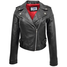 DR221 Women&#39;s Chic Biker Fitted Leather Jacket Black - £117.74 GBP