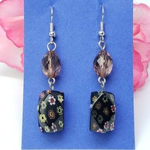 Murano Glass Dangle Pierced Earrings Black Floral Glass Beads - $12.95