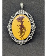 Handsome Vintage Pewter Swirl Rim Yellow Accent Natural Flowers Pendant ... - $29.78 CAD