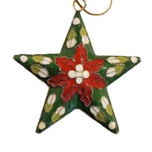 Vintage Cloisonne Star Poinsettia Christmas Ornament Green Red White Enamel EUC  - £14.98 GBP