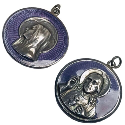 antique sterling silver enamel medal Double sided Jesus &amp; Holy mother Mary - $112.50