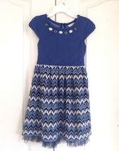 New Sweet Heart Rose Girl Blue Chevron Jewel Neckline Tulle Trim Dress 4... - $19.99