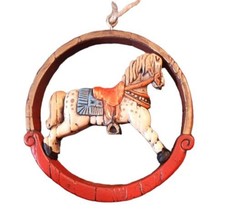 Carousel Pony Ornament Horse in Circle 70s Rustic Wood Look - $23.36