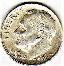 Roosevelt Dime coin 1964 silver dime - £2.81 GBP