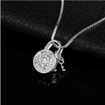925 Sterling Silver Cubic Zirconia Love Etched Padlock Key Pendant Necklace - £19.58 GBP