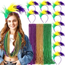 100 Pcs Mardi Gras Feather Headbands with Beads Necklaces Bulk 1920s Fascinators - £36.75 GBP