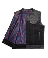 Men&#39;s Black Denim Leather Vest Purple Paisley Lining &amp; Red Stitching Bik... - £55.08 GBP+