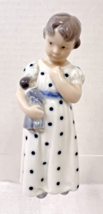Royal Copenhagen Girl With Doll Figurine 5.5&quot; Blue Spotted Dress - $49.01
