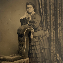1800s Ferro Tintype Young Woman Fancy Tiered Dress Chair Studio or Home Portrait - £19.89 GBP