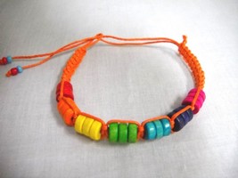 NEW ORANGE MACRAME w COLORFUL RAINBOW WOODEN BEADS TIE ON BRACELET OR AN... - $91.40 MXN