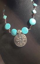 20 Inch Hand Beaded Turquoise Necklace With 2 In Silver Pendant - £18.33 GBP