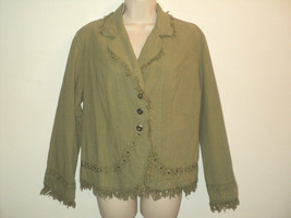 GRETTY ZUEGER Jacket Size Large-XL Green Fringe &amp; Soutache Trim Front Buttoned - £40.47 GBP