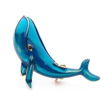 CUTE WHALE PIN 2&quot; Gold Blue Enamel Brooch Cartoon Humpback Ocean Marine Mammal - £6.91 GBP