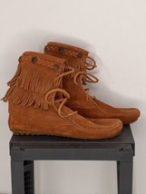 Women&#39;s MINNETONKA 622 Fringe Soft Sole Brown Suede Moccasins Ankle Boots Size 5 - £19.47 GBP