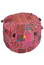 Vintage Ottoman Pouf Cover Pink Indian Cotton Handmade Patchwork Round Stool - £15.86 GBP