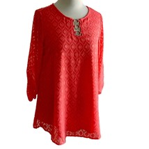 New Directions ruched sleeve lined solid coral diamond pattern tunic top... - $27.92
