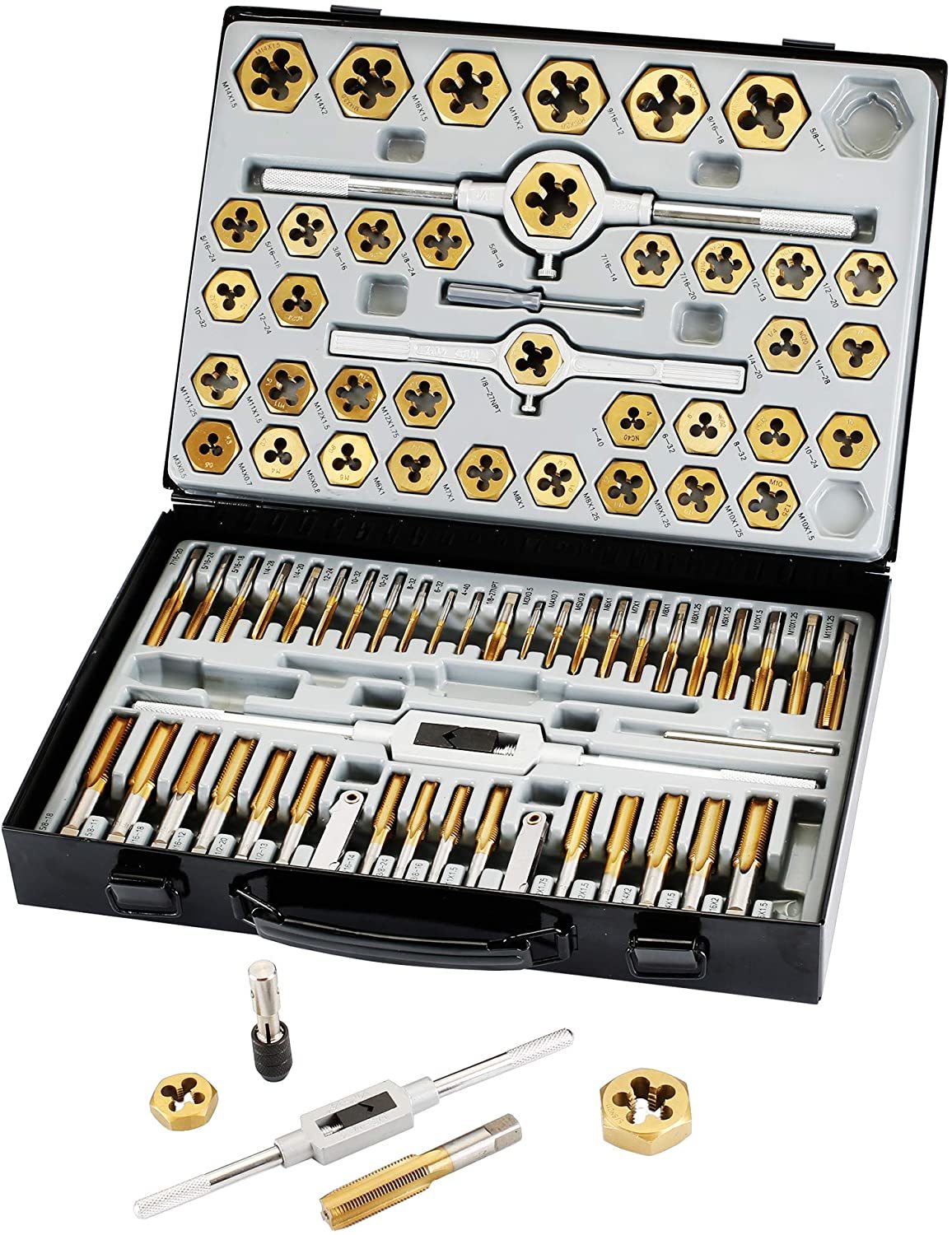 NPT Pipe Tap and Die Set 14 Pcs 16", 8", 4", 8", 2", 4" and 1", Rethreading High Speed Steel Taper Taps and Carbon Steel Hex Dies - 1